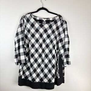 J Jill Womens 3X Plus Shirt Linen Blouse Top 3/4 Sleeve Plaid Black White
